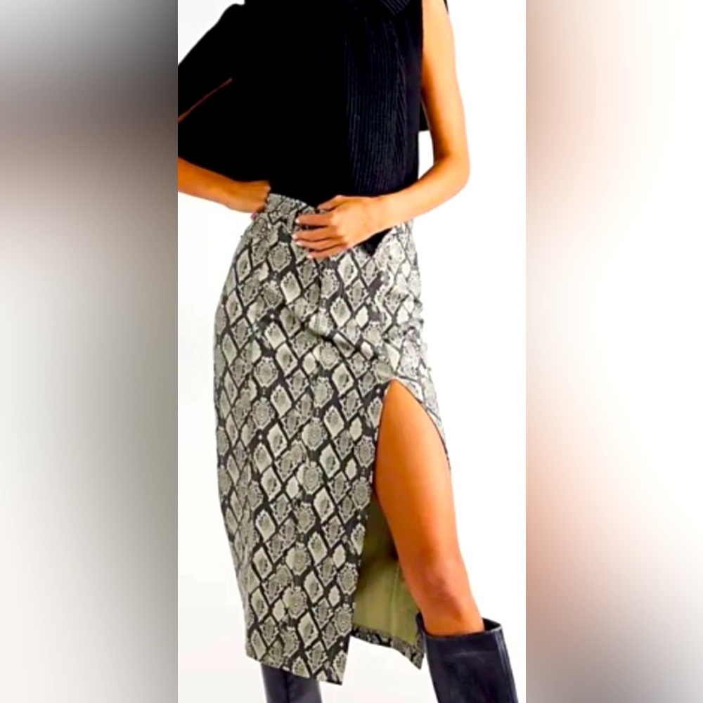 NWT Free People Calgary Snakeskin Faux Leather Midi Skirt Slit Edgy Womens